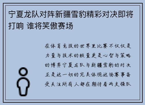 宁夏龙队对阵新疆雪豹精彩对决即将打响 谁将笑傲赛场