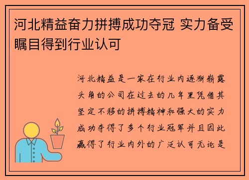 河北精益奋力拼搏成功夺冠 实力备受瞩目得到行业认可