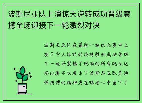 波斯尼亚队上演惊天逆转成功晋级震撼全场迎接下一轮激烈对决