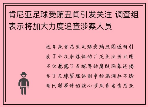 肯尼亚足球受贿丑闻引发关注 调查组表示将加大力度追查涉案人员