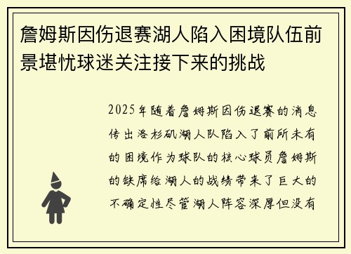 詹姆斯因伤退赛湖人陷入困境队伍前景堪忧球迷关注接下来的挑战