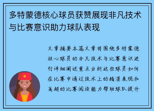 多特蒙德核心球员获赞展现非凡技术与比赛意识助力球队表现