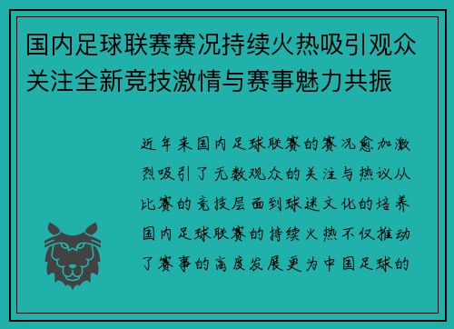 国内足球联赛赛况持续火热吸引观众关注全新竞技激情与赛事魅力共振