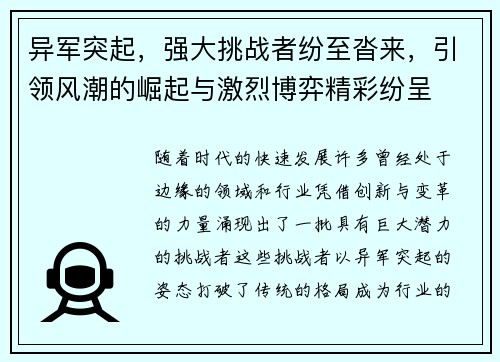 异军突起，强大挑战者纷至沓来，引领风潮的崛起与激烈博弈精彩纷呈